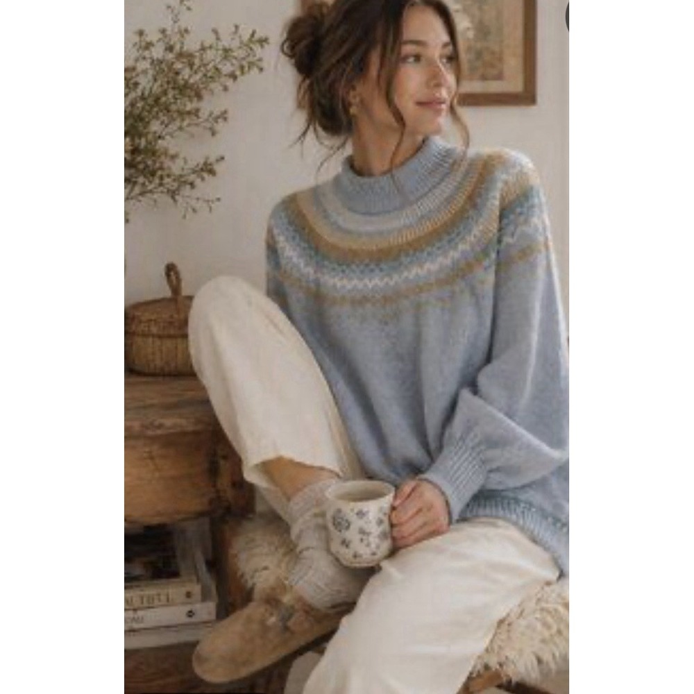 Women's J. Crew Alpaca & Wool Fair Isle Yoke Puff Sleeve Oversized Sweater L